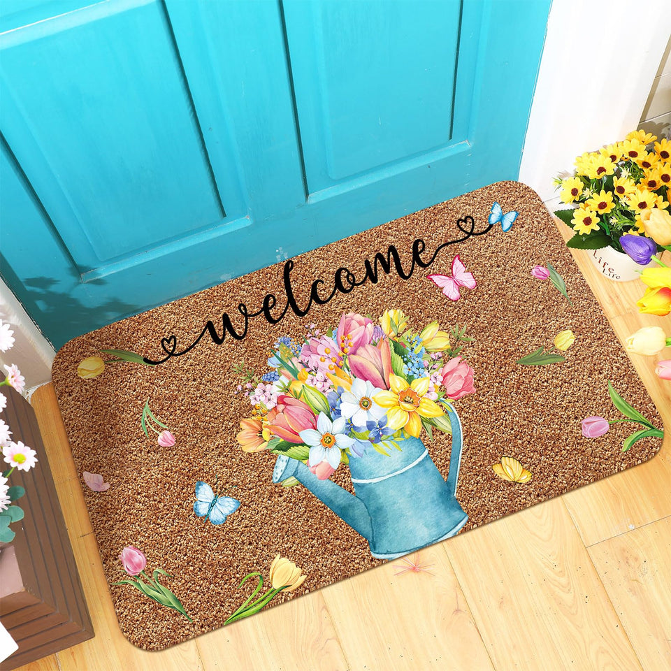 Ceenna watering-pot tulip doormat greets guests with a vibrant spring motif and dirt removal