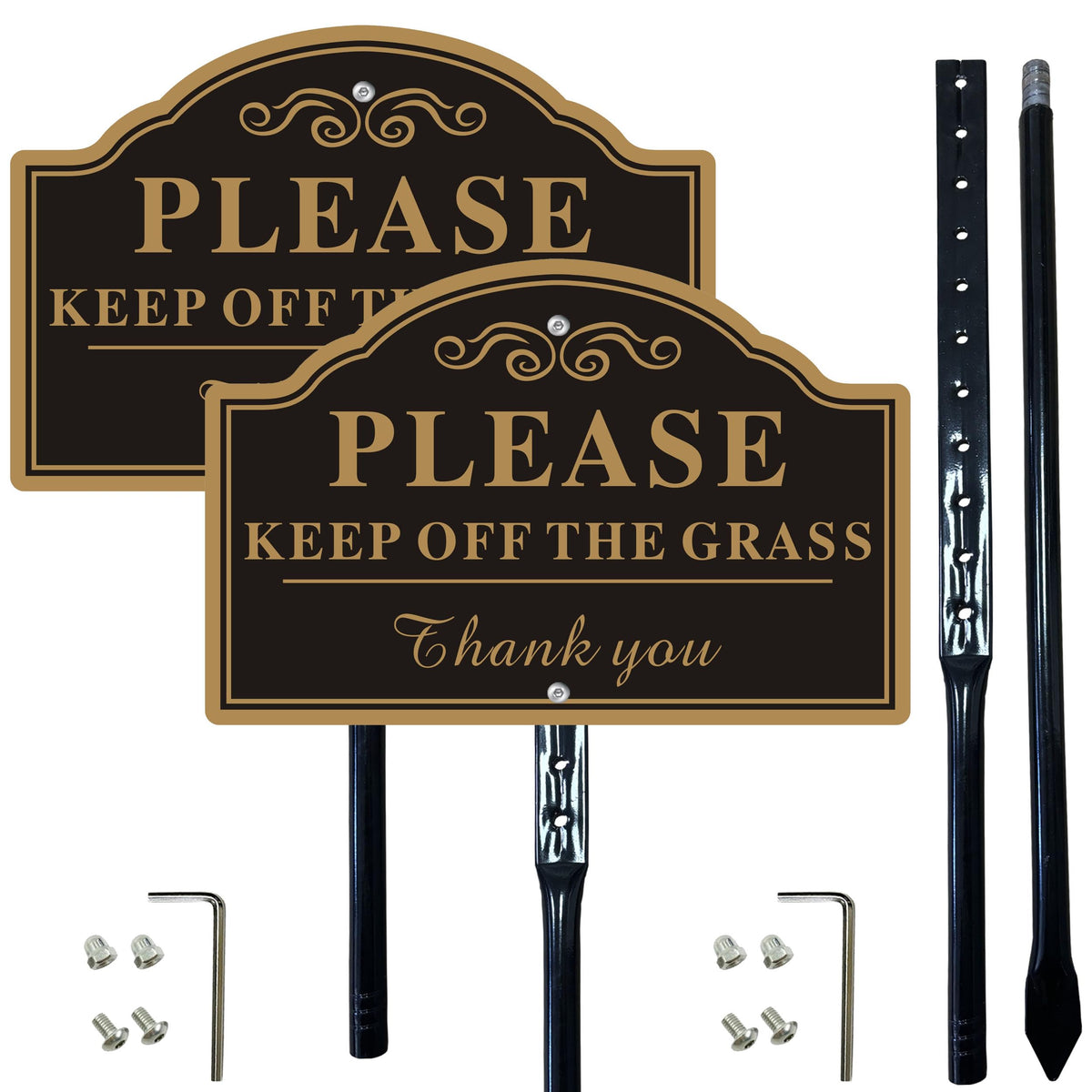 Cefrashi keep-off-the-grass signs feature a black and gold design for curb appeal