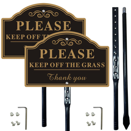 Cefrashi keep-off-the-grass signs feature a black and gold design for curb appeal