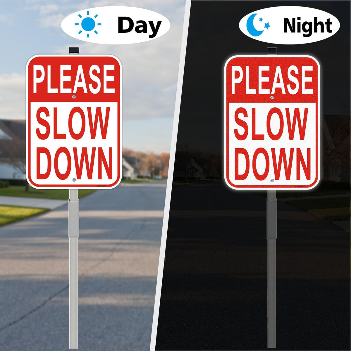 Cefrashi school zone warning sign supports school-area safety and slower speeds.