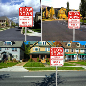 Cefrashi Slow Down sign with bold red lettering supports clear neighborhood safety cues.