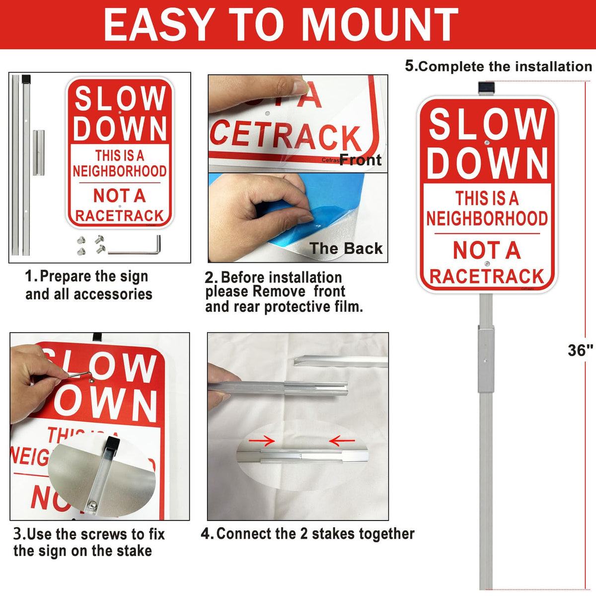Cefrashi Slow Down sign set includes mounting screws and wrench for quick setup.