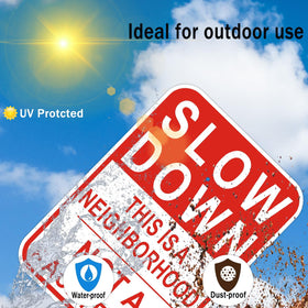 Cefrashi Slow Down sign boosts neighborhood visibility during day and night.