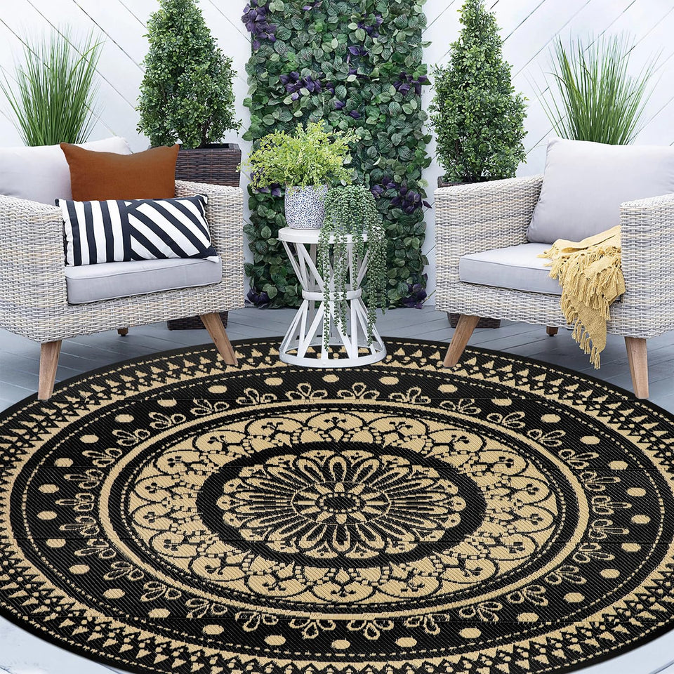 Cekene round 8ft outdoor rug; waterproof and durable for patio use
