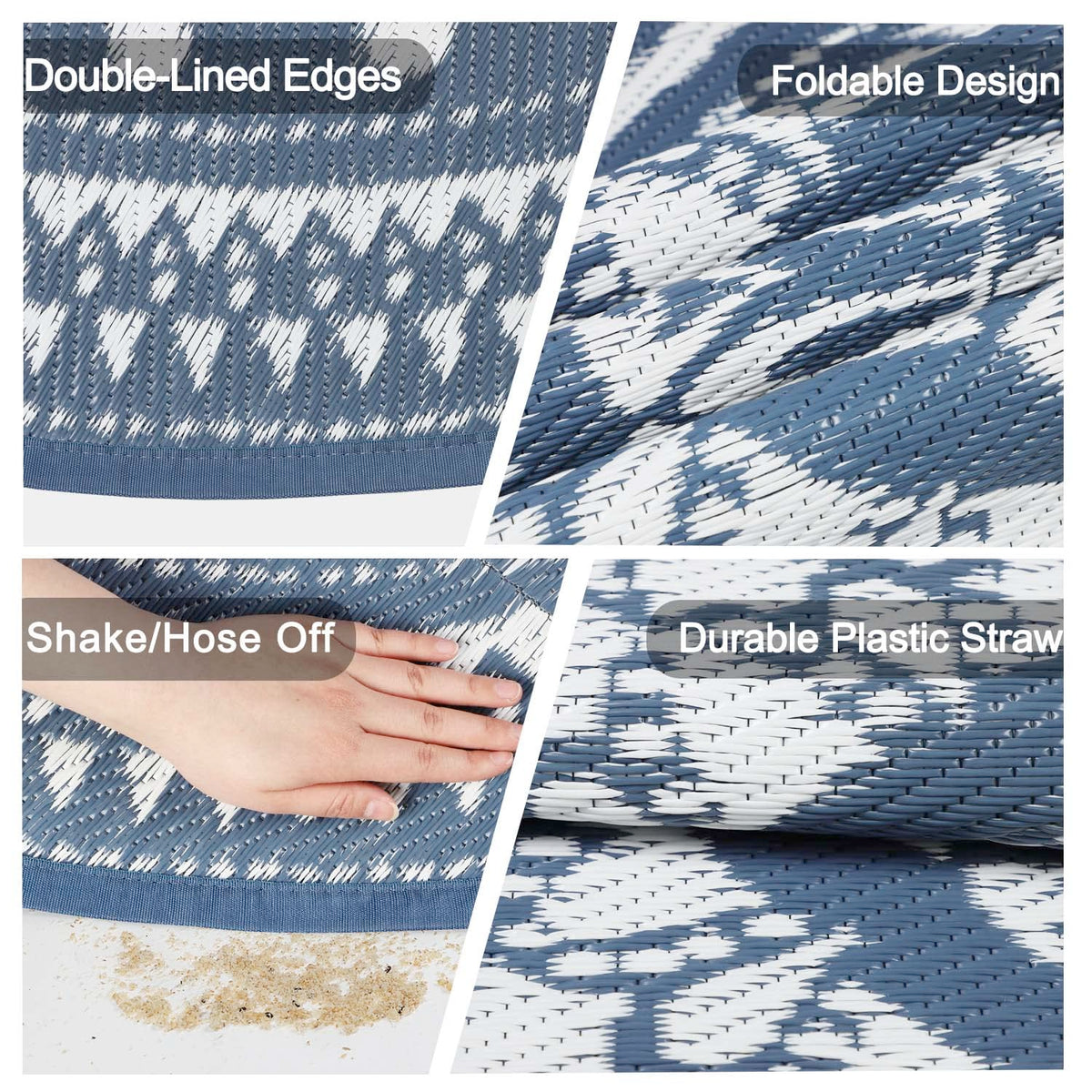 Cekene plastic straw rug on grass, blue, soft underfoot.