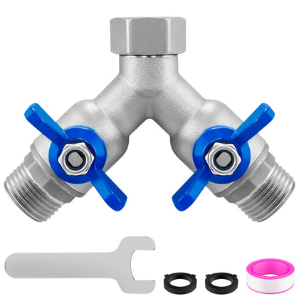 Cekwiet 304 stainless steel hose splitter front view with dual outlets for simultaneous watering.