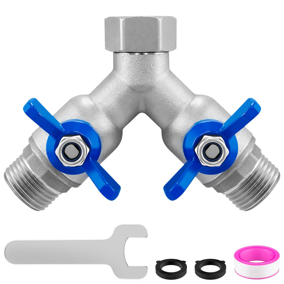 Cekwiet 304 stainless steel hose splitter front view with dual outlets for simultaneous watering.