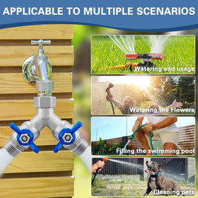 Cekwiet heavy-duty hose splitter used in a garden setting with sprinklers.