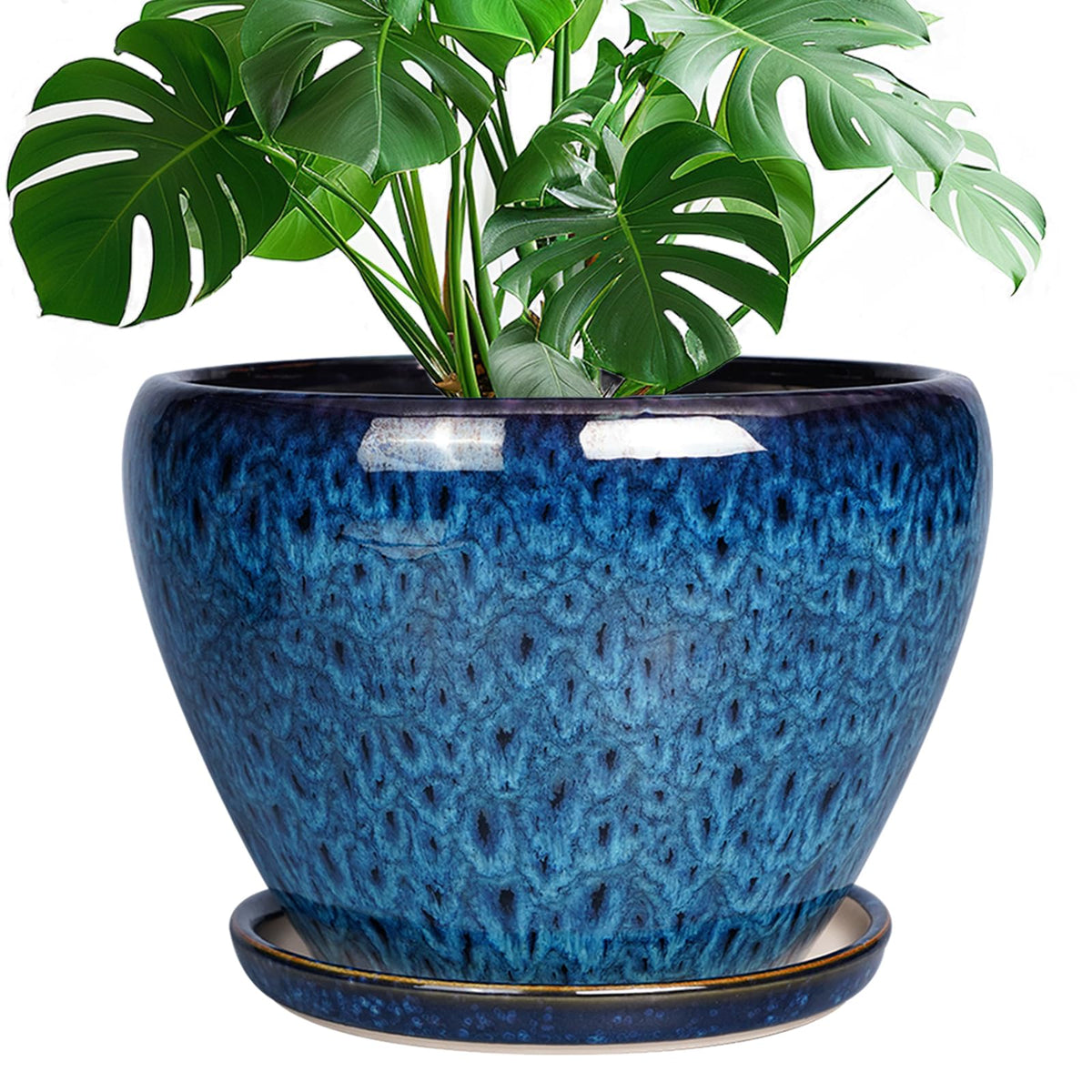 Ceramicfor 10-inch blue planter pot front view with drainage hole.