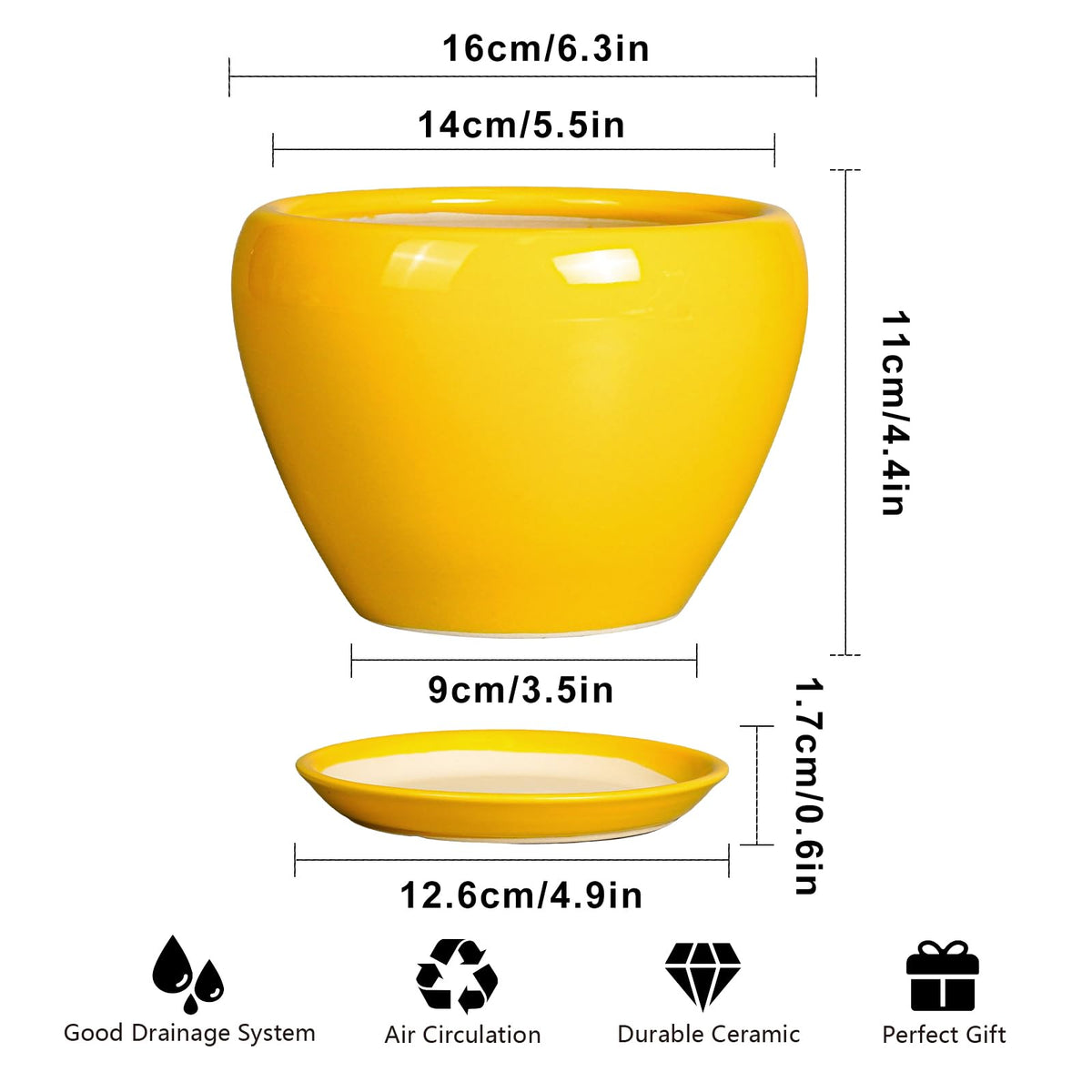 Ceramicfor pot with drainage hole in yellow glaze promoting healthy watering