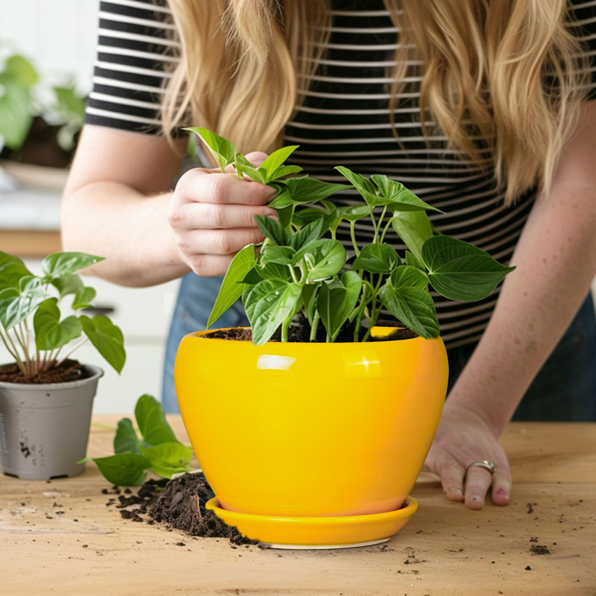 Ceramicfor office-friendly yellow planter, lightweight and portable