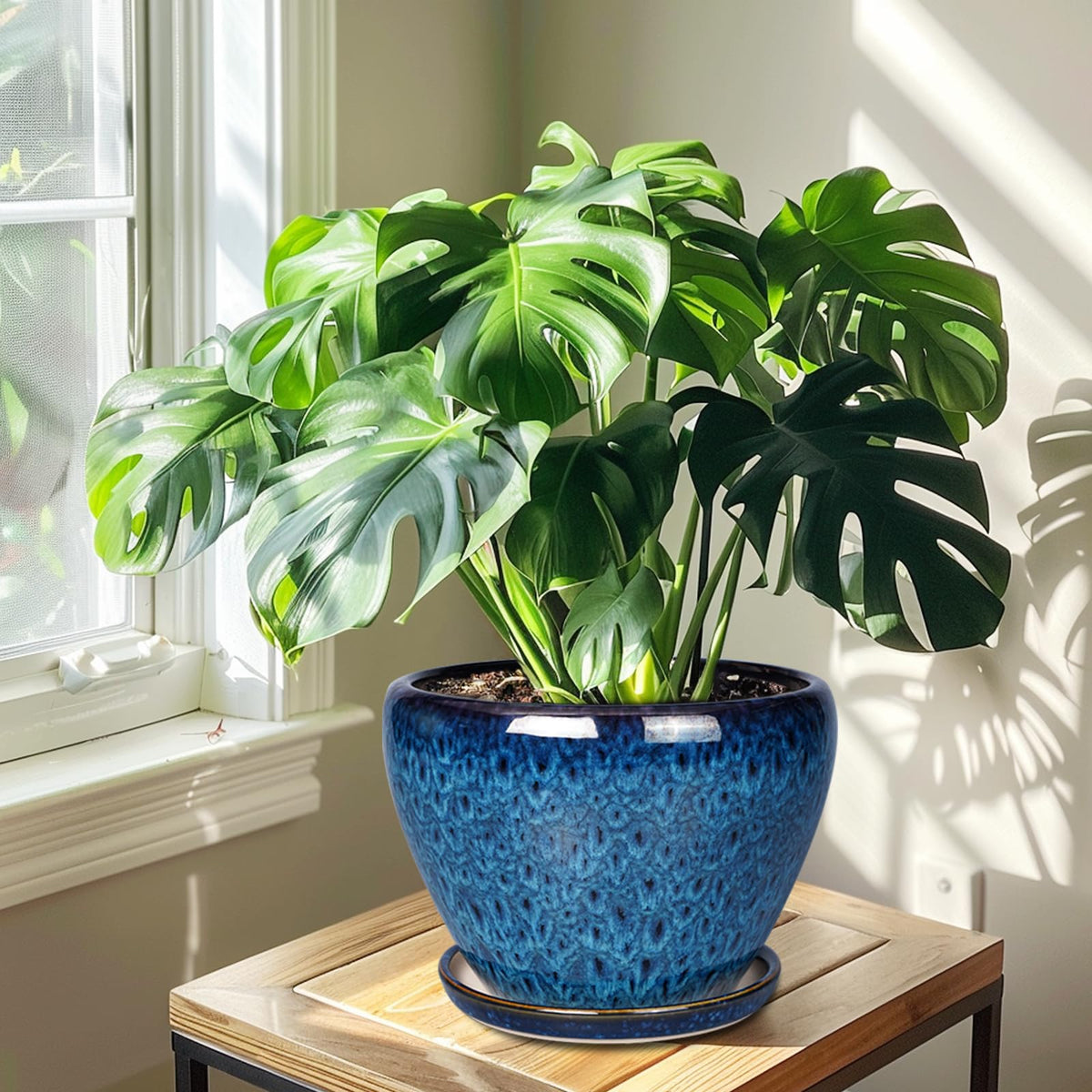Blue Ceramicfor planter with saucer included to protect surfaces.