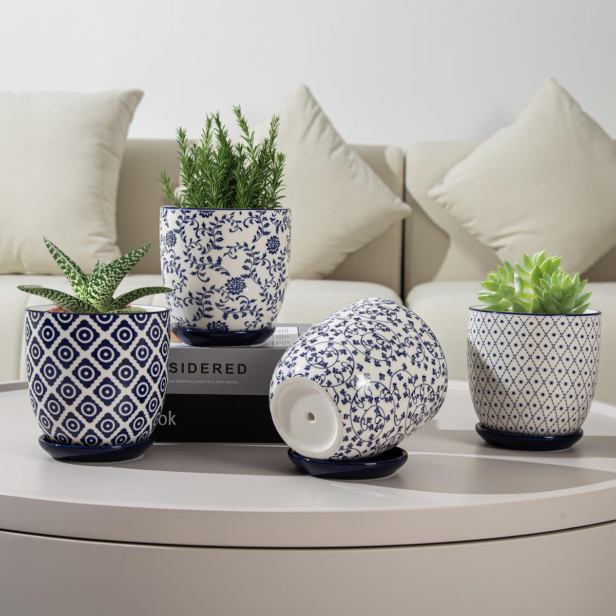 Cerkik four pack vintage blue planters for small plants