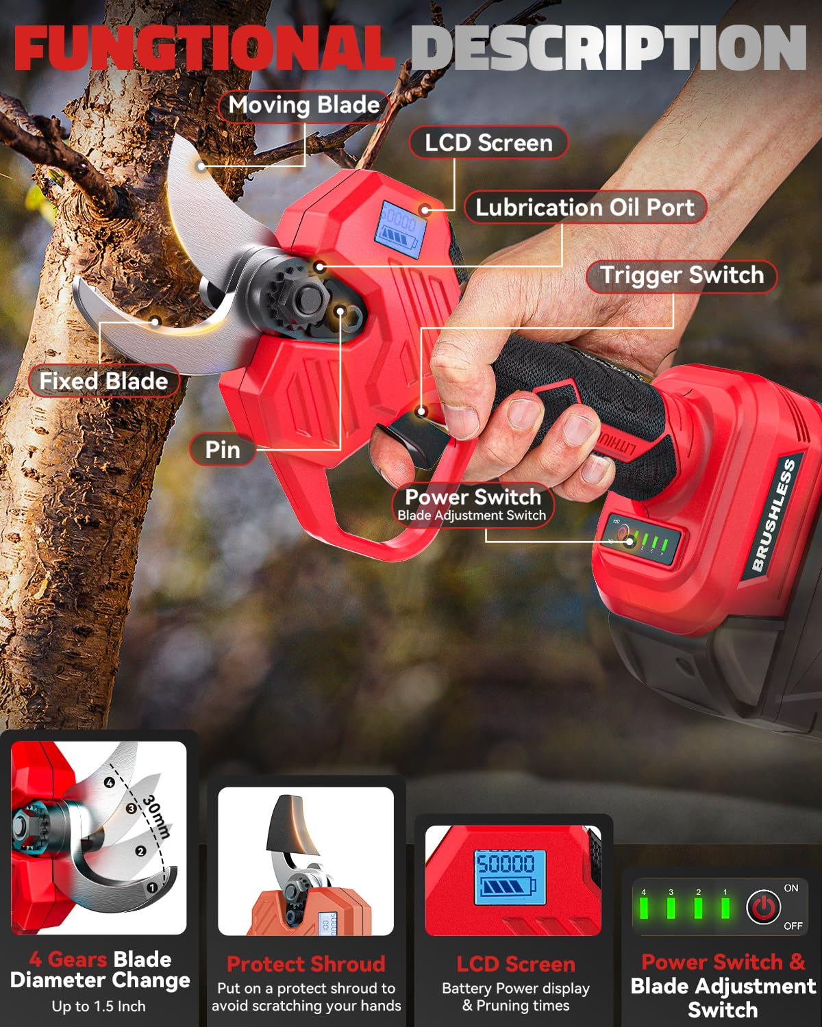 Cerycose pruning shear LCD display shows battery and mode for easy pruning