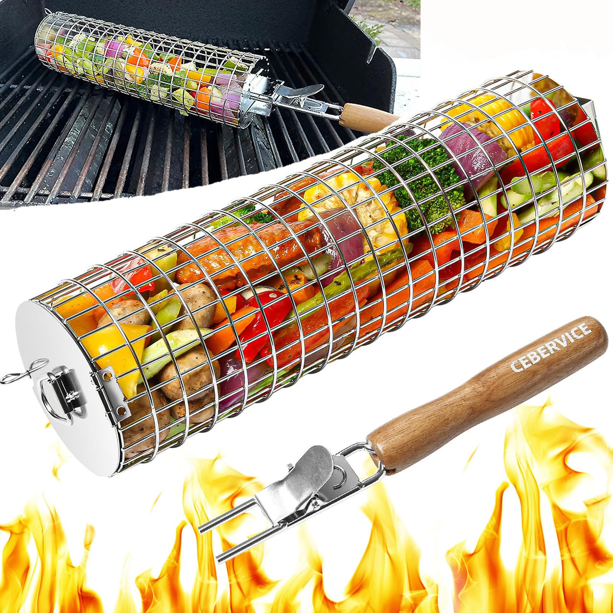 CESERVICE rolling grill basket assembly shows smooth rotation for even cooking.