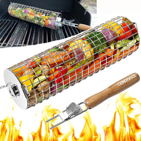 CESERVICE rolling grill basket assembly shows smooth rotation for even cooking.