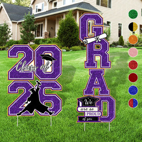 CESOF purple and gold grad yard signs with stakes for vibrant lawn display.