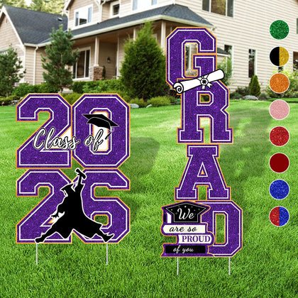 CESOF purple and gold grad yard signs with stakes for vibrant lawn display.