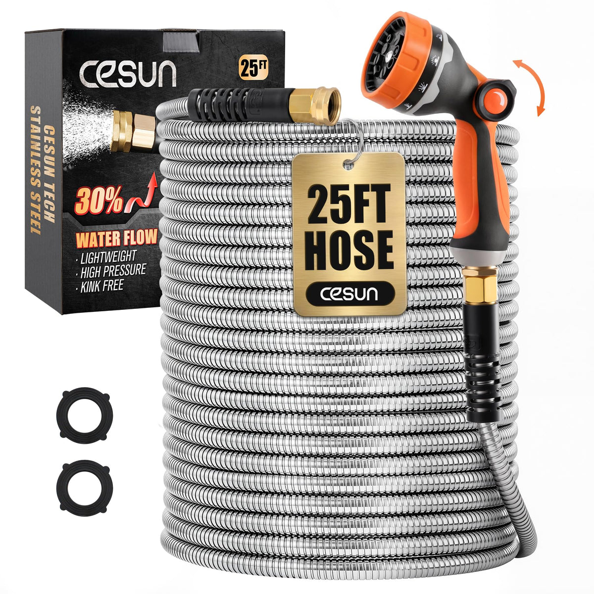 Cesun 25 ft metal garden hose for durable watering and cleaning tasks.