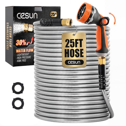 Cesun 25 ft metal garden hose for durable watering and cleaning tasks.
