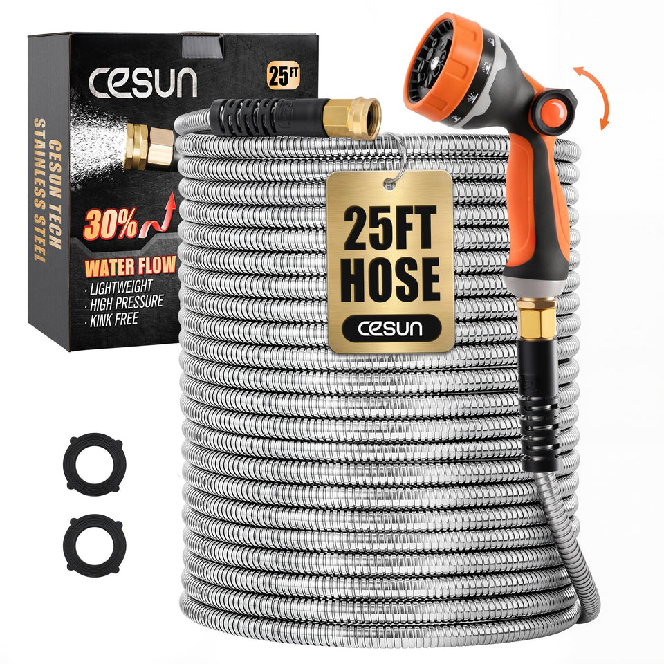 Cesun 25 ft metal garden hose for durable watering and cleaning tasks.