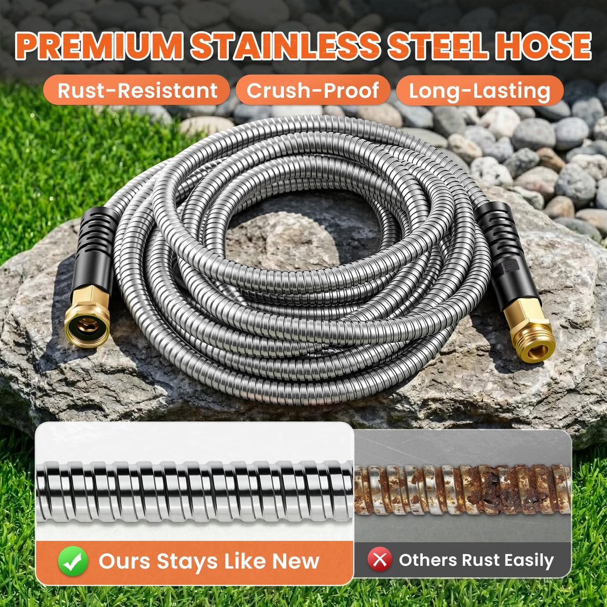 Cesun 75 ft metal garden hose coiled for storage, ready for the next project