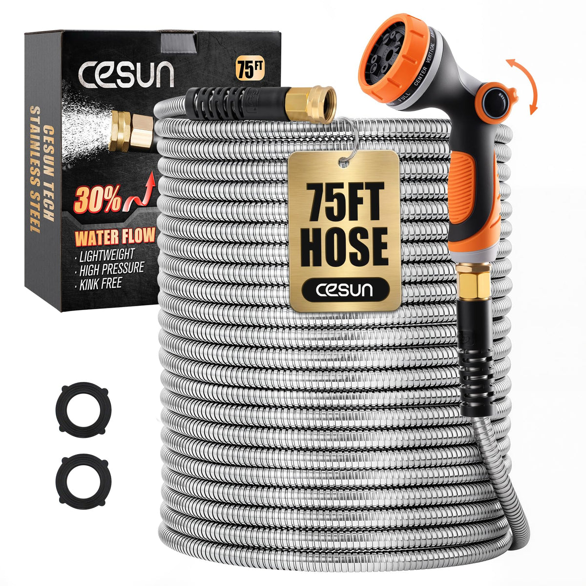 Cesun 75 ft metal garden hose in use delivers steady flow for beds and lawns