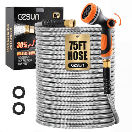 Cesun 75 ft metal garden hose in use delivers steady flow for beds and lawns