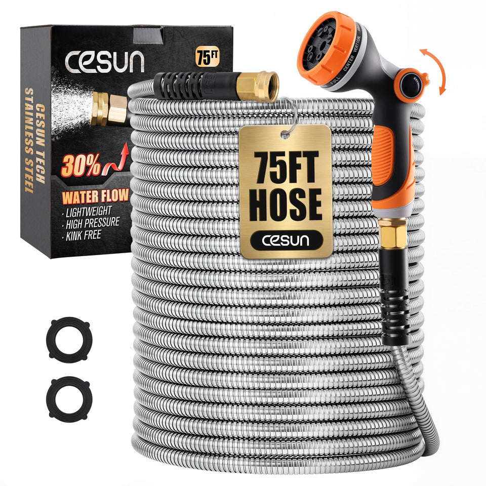 Cesun 75 ft metal garden hose in use delivers steady flow for beds and lawns