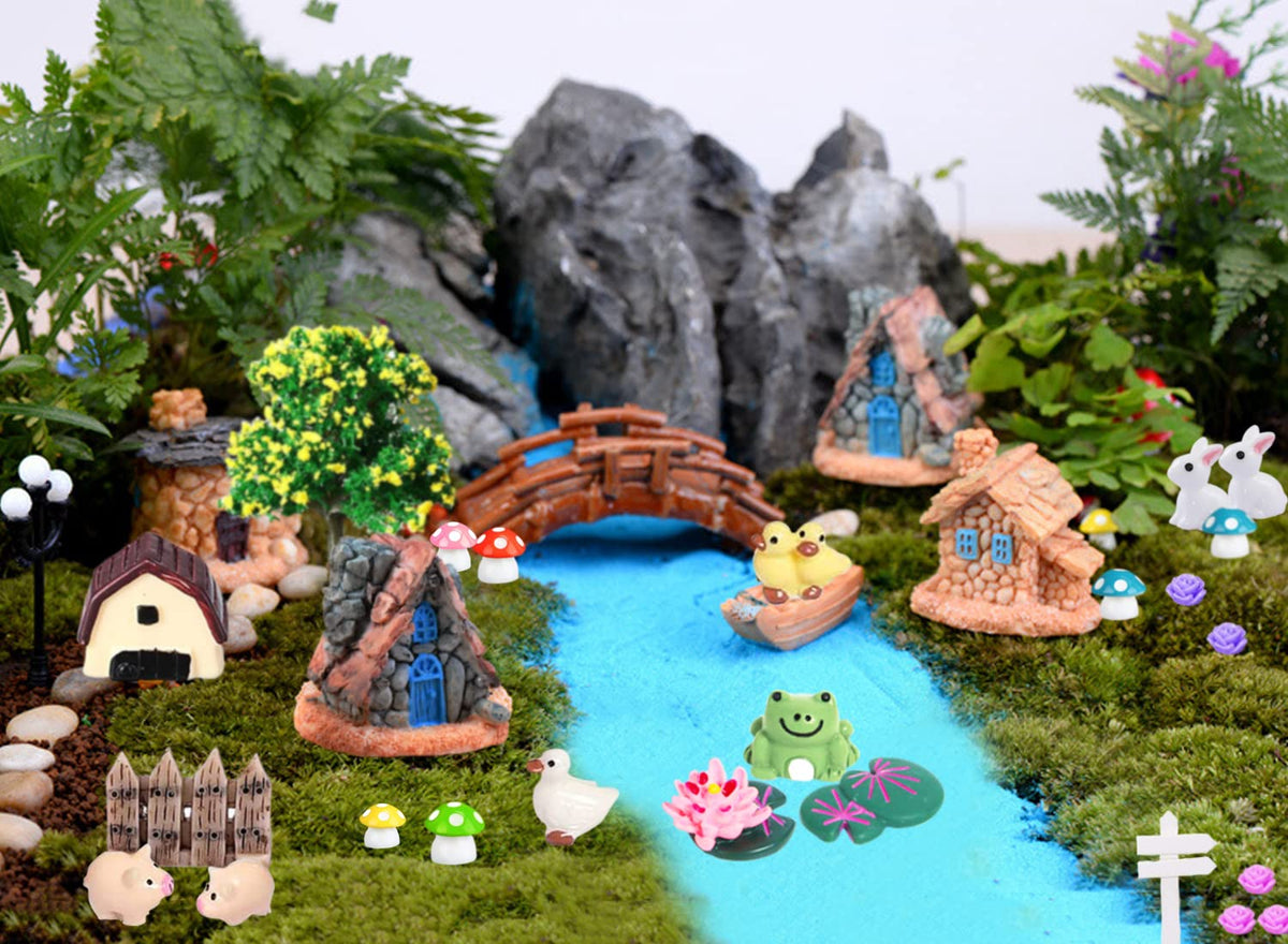 CHAKANLX fence and wooden stools for charming outdoor fairy setup.