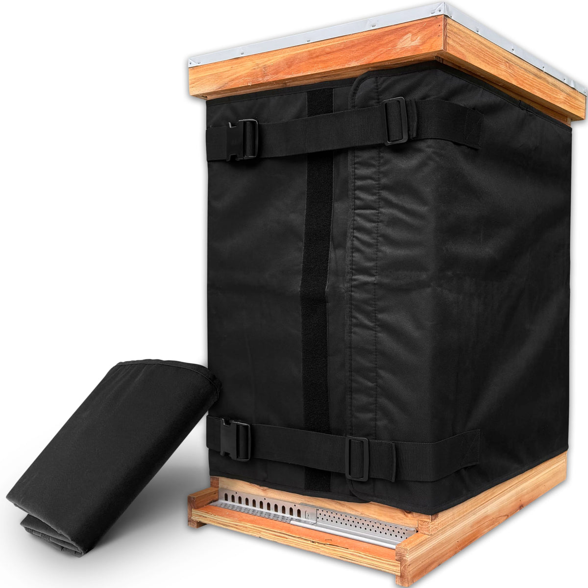 Challicare winter hive wrap on an 8-frame hive offering durable insulation
