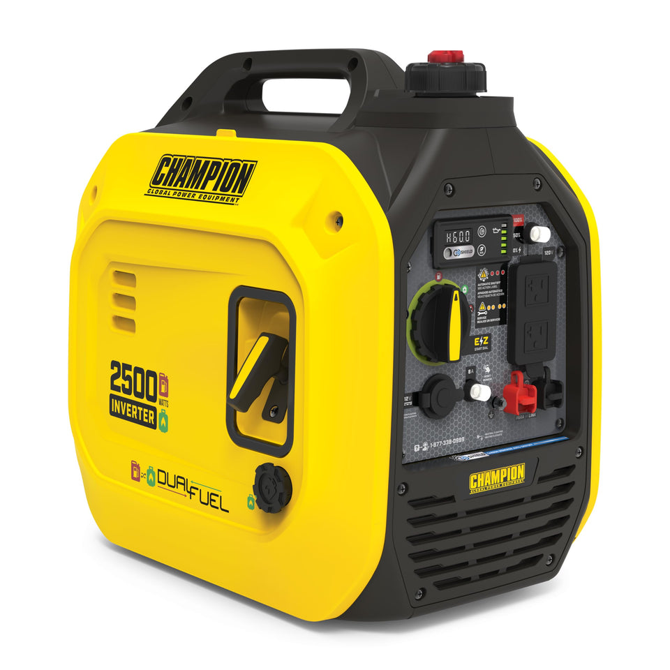 Champion 2500-watt dual fuel inverter generator, ready to power on out of the box.