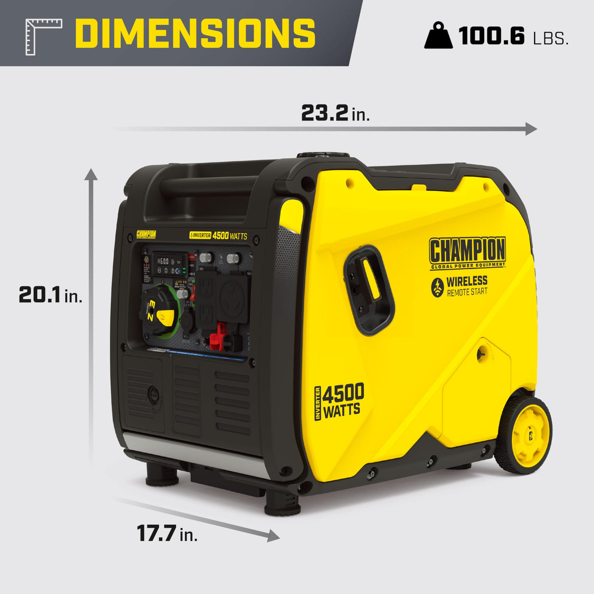 Intelligauge Power Meter on Champion inverter shows voltage, frequency, and hours.