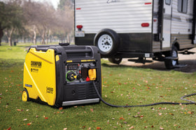 Never-flat tires and fold-down handle on Champion inverter for easy portability.