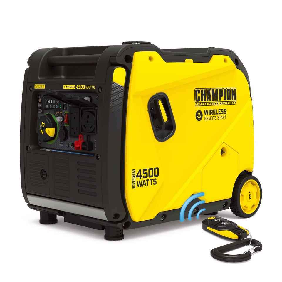 Champion 4500-watt inverter generator with wireless remote start for camping convenience.