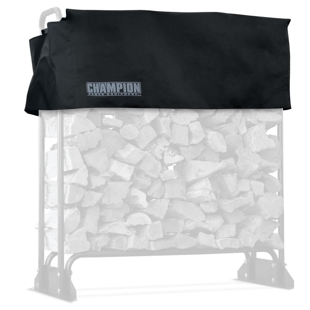 Champion Power Equipment firewood rack cover on rack protects wood from rain and wind
