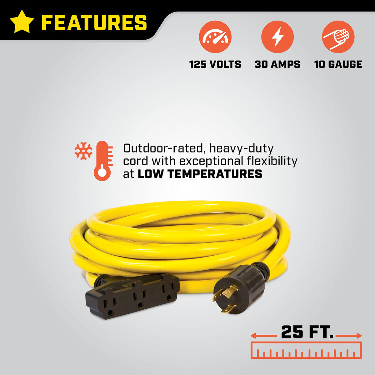 Champion 48034 10-gauge cord stays flexible in extreme temperatures.