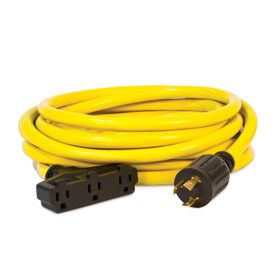 Champion 48034 L5-30P to three 5-15R outlets, 25-foot generator extension for power access.
