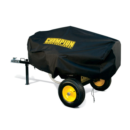 Champion Power Equipment weather-resistant cover over a 30-37-ton log splitter protecting from rain and sun.