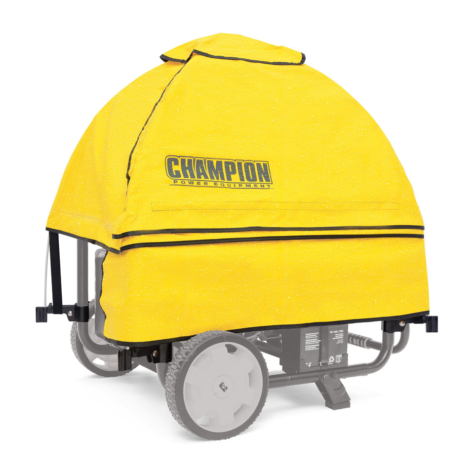 Champion Storm Shield cover installed on a generator protects from wind and rain.