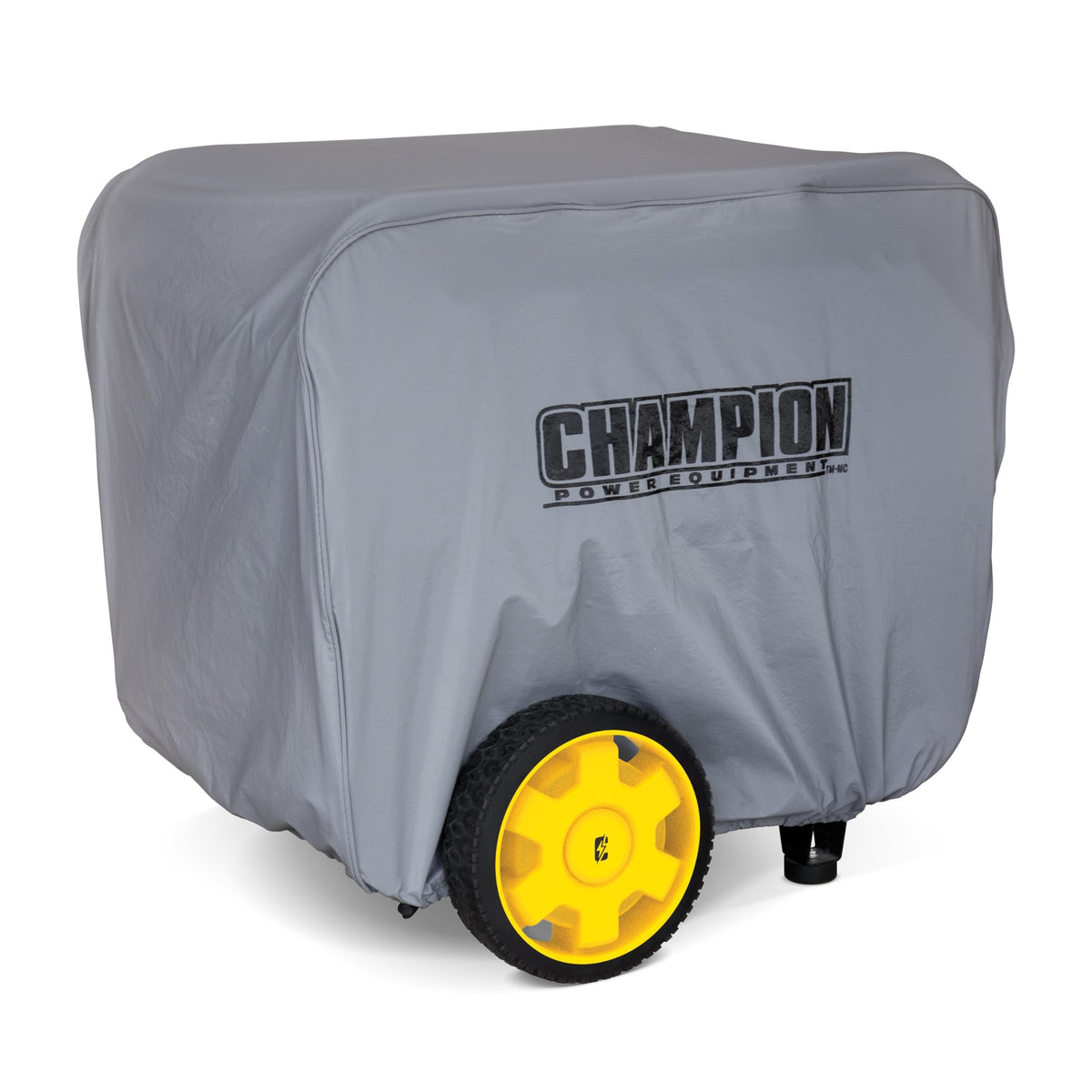 Champion weather-resistant storage cover over a 12,000-watt generator shields from rain and UV