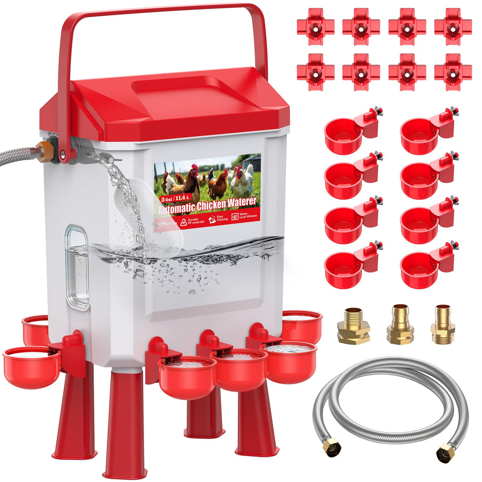 CHAMUTY float-controlled waterer shows 3-gallon capacity for fewer refills
