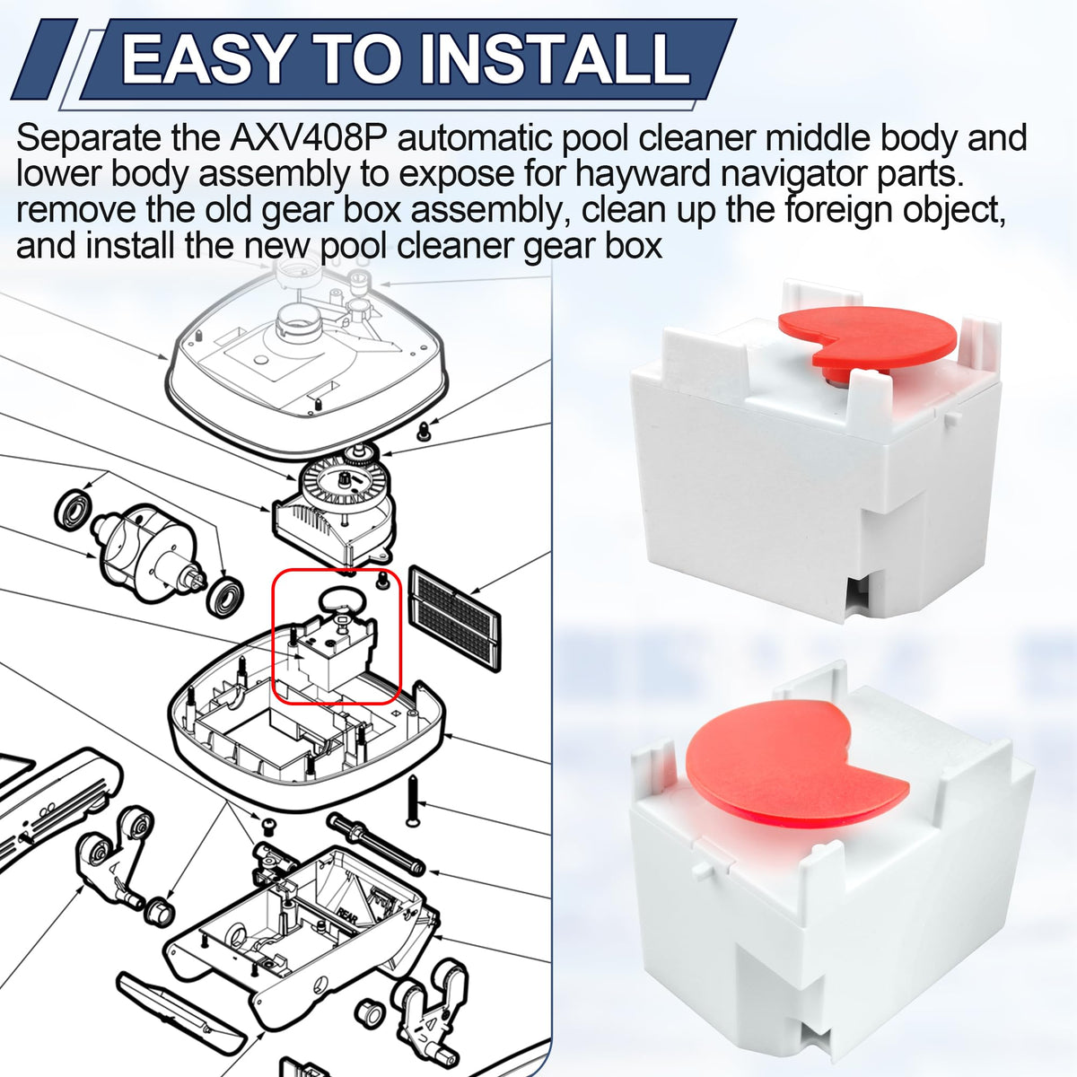 Underwater installation guide showing gear box swap in the Hayward cleaner.