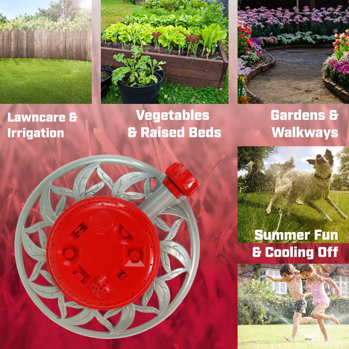Chapin 4998 sprinkler angled view highlighting 360° coverage capability.