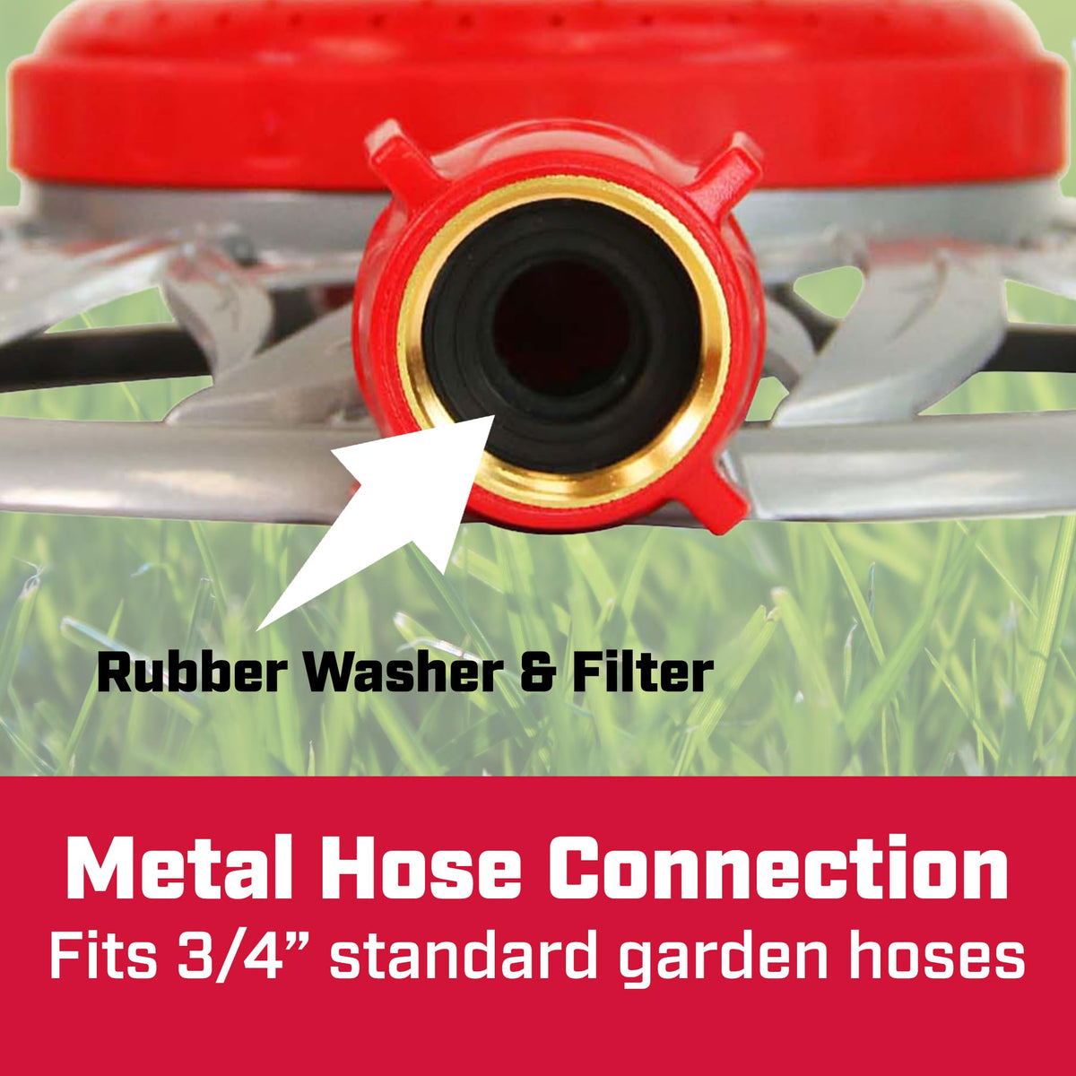 Chapin 4998 sprinkler connected to a standard hose for easy irrigation.