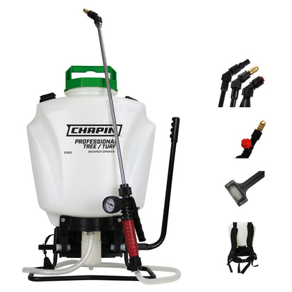 Chapin 61900 backpack sprayer with a clear 4-gallon tank for easy fill and monitoring.
