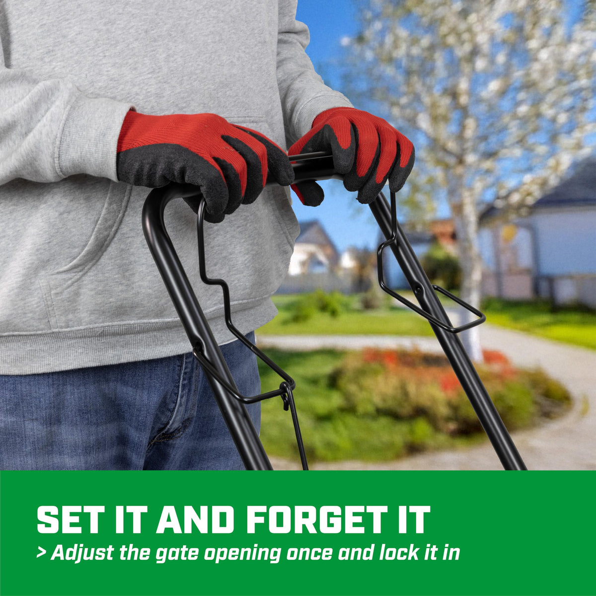Chapin 10-inch pneumatic tires provide stability on uneven lawn surfaces.