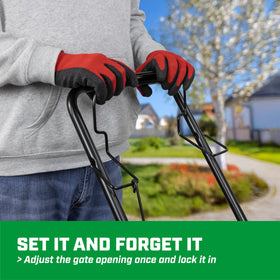 Chapin 10-inch pneumatic tires provide stability on uneven lawn surfaces.