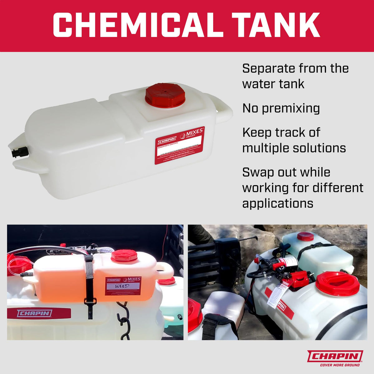 Chapin International quick-connect concentrate-tank enables fast, tool-free setup.