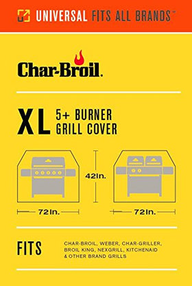 Char-Broil cover uses 18mil polyester with sun fade liner, shielding against sun damage